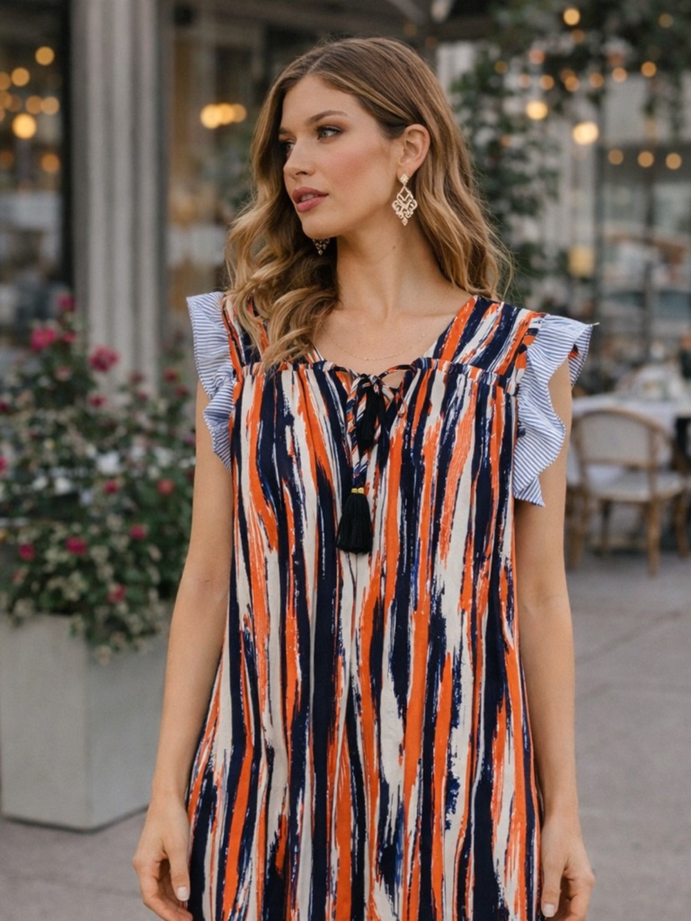 THML Striped Tassel Tie Dress with Seersucker Trim Sz M - Picture 2 of 9